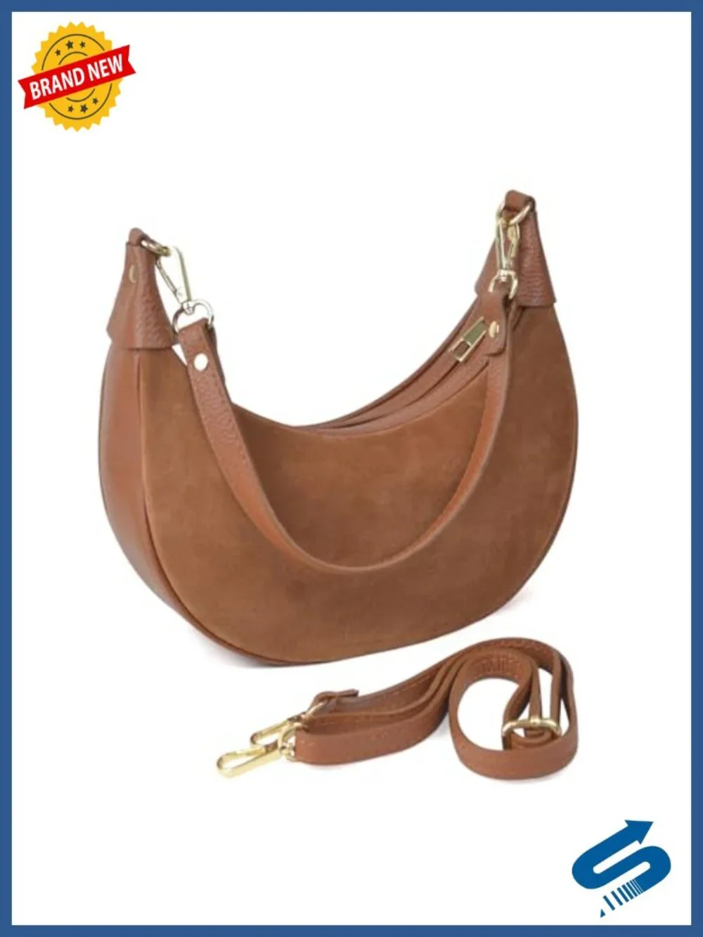 Genuine Leather Crescent Hobo Bag Crossbody Purse Made in Italy with 2 Straps